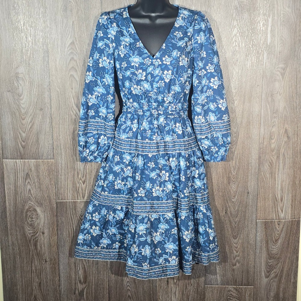 LOFT Petites‎ Blue Floral V-Neck Tiered Dress XXSP Cotton Small Boho